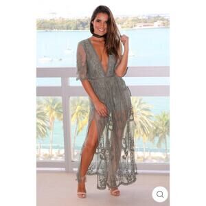 169 Wishlist Dark Sage Lace Maxi Romper Women’s Small Boho Sheer Overlay